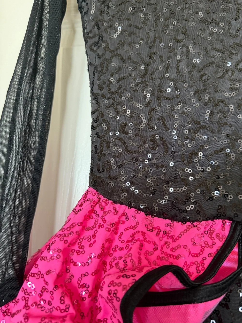 Weissman Black and Hot Pink Sequin Dance Leotard + Ruffled Skirt - Medium Child